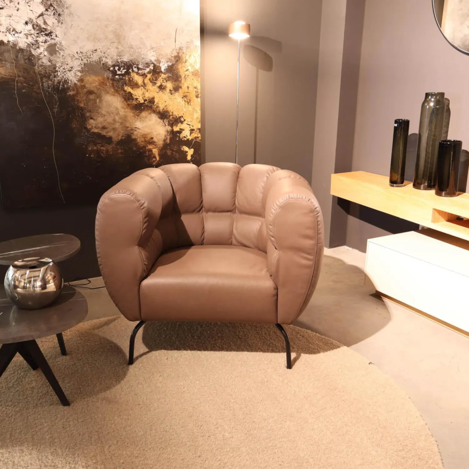 Brühl Loungesessel|Sessel Magnolia Anilinleder 5707 0085 Pearl Braun Grau Fuß Schwarz Pulverbeschichtet