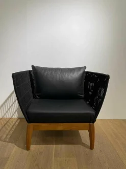Lambert Relaxsessel|Sessel Miikka Leder Schwarz Netzmaterial Gestell Teakholz Geölt