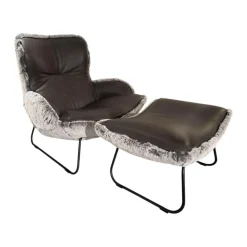 Paul Lindberg Loungesessel|Sessel Minu Sitzfläche Leder Elegance Anthrazit Rücken Webpelzbezug Eisbär Grey Grau Füße Schwarz Pulverbeschichtet Mit Hocker