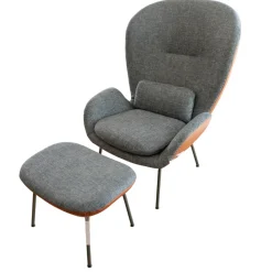 Rolf Benz Loungesessel|Sessel Mit Hocker 594 Bezug Stoff 17 048 Stahlblau Graublau Hinten Leder 38 112 Kupferbraun Gestell Vierfuß Stahl Glatt Umbragrau Grau Mit Kissen