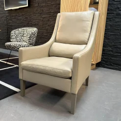 Werther Fernsehsessel|Sessel Mit Hocker Credo Bezug Leder Grain L7067C Beige Creme Holzfüße