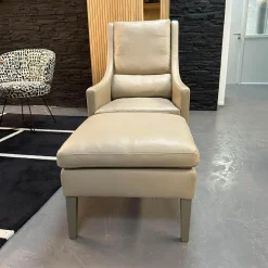 Werther Fernsehsessel|Sessel Mit Hocker Credo Bezug Leder Grain L7067C Beige Creme Holzfüße