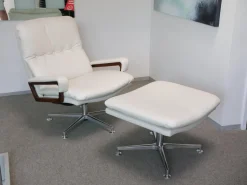 WK Wohnen Relaxsessel|Sessel Mit Hocker WK 631 Kingchair Niedrig Bezug Leder Rustica 70239 White Untergestell Aluminium Poliert