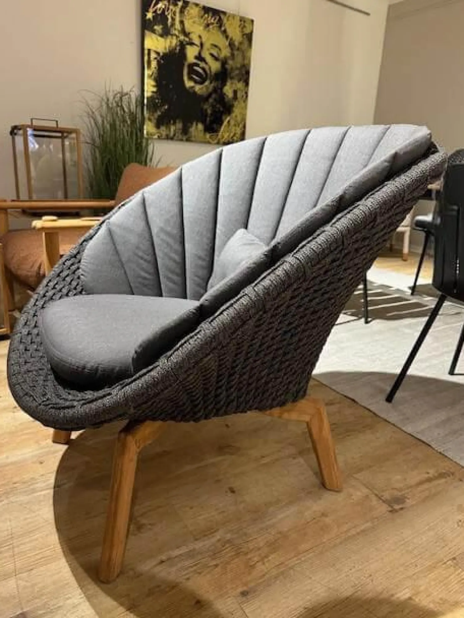 Cane Line Loungesessel|Sessel Peacock Kissen Natte Grey Grau Sitzschale Soft Rope Polypropylen Dark Grey Grau Gestell Teakholz