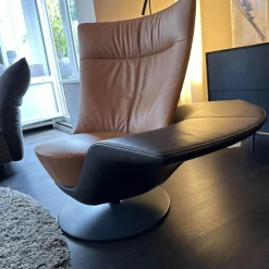 FSM Loungesessel|Sessel PLI Leder T35 Cuoio Braun Drehteller Schwarz Matt Mit Beinauflage Leder T49 Espresso Dunkelbraun