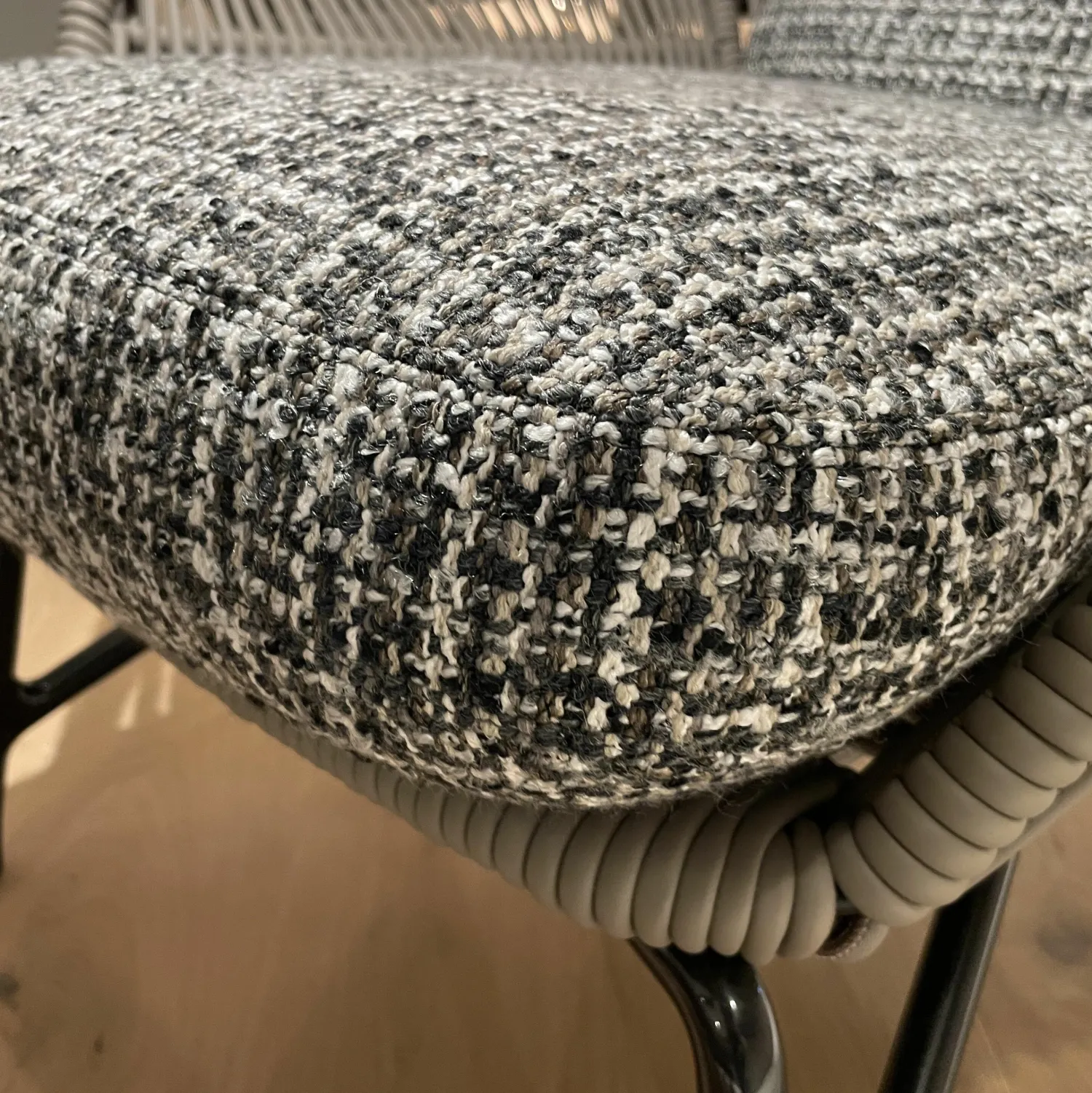 Minotti Relaxsessel|Sessel Prince Cord Stoff H Freedom 01 Cenere Grau Ledergeflecht Tortora Dove Grey Beige Gestell Aluminium Zinn Lackiert Mit Hocker