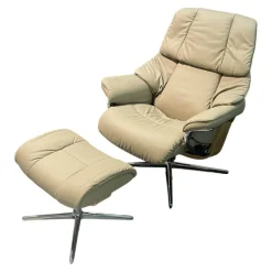 Stressless Relaxsessel|Sessel Reno M Leder Paloma 094 Mushroom 45 Braun Gestell Cross Metall Chrom Mit Hocker