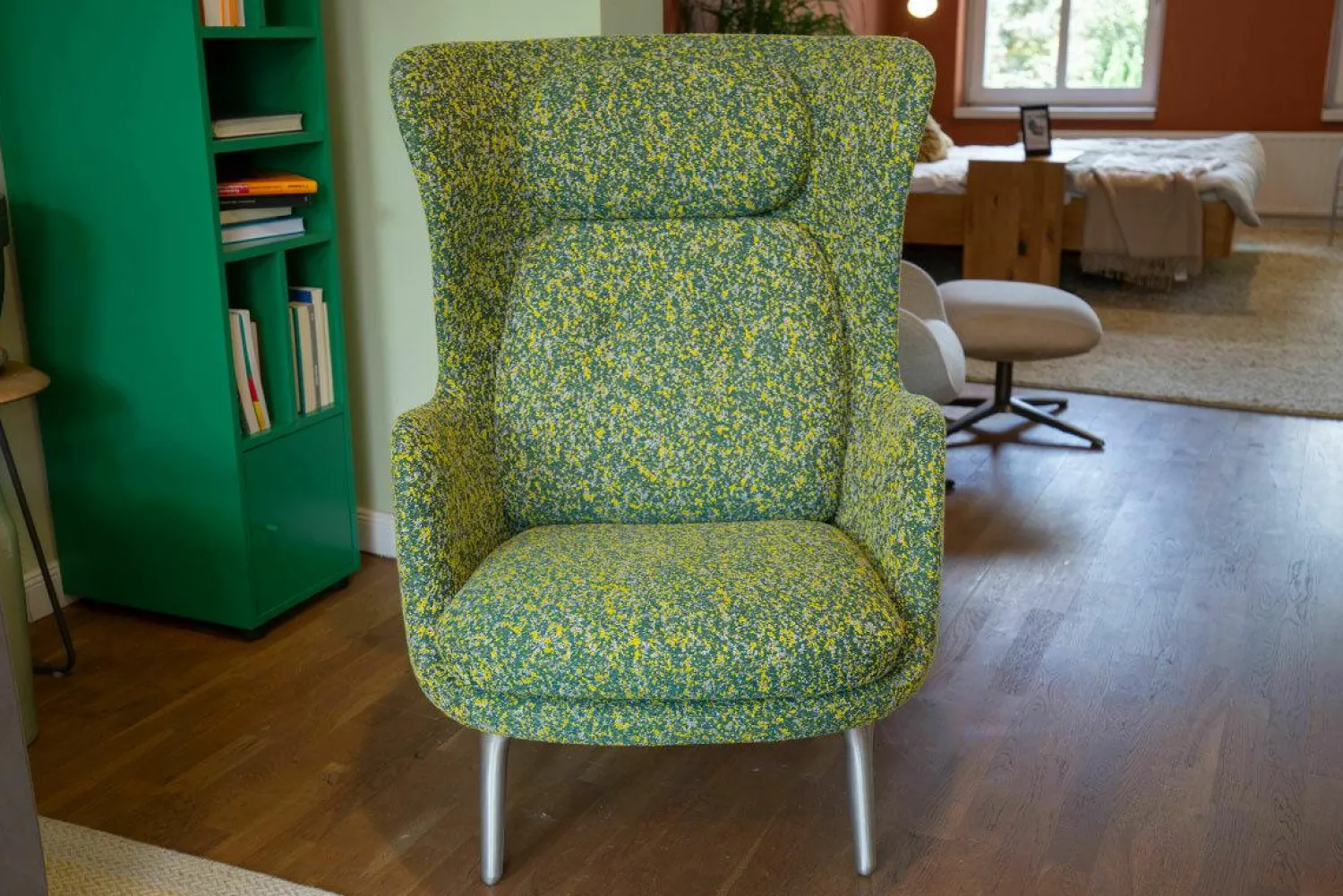 Fritz Hansen Relaxsessel|Sessel Ro JH1 Stoff Grün Gelb ATO964 Füße Aluminium Satingebürstet