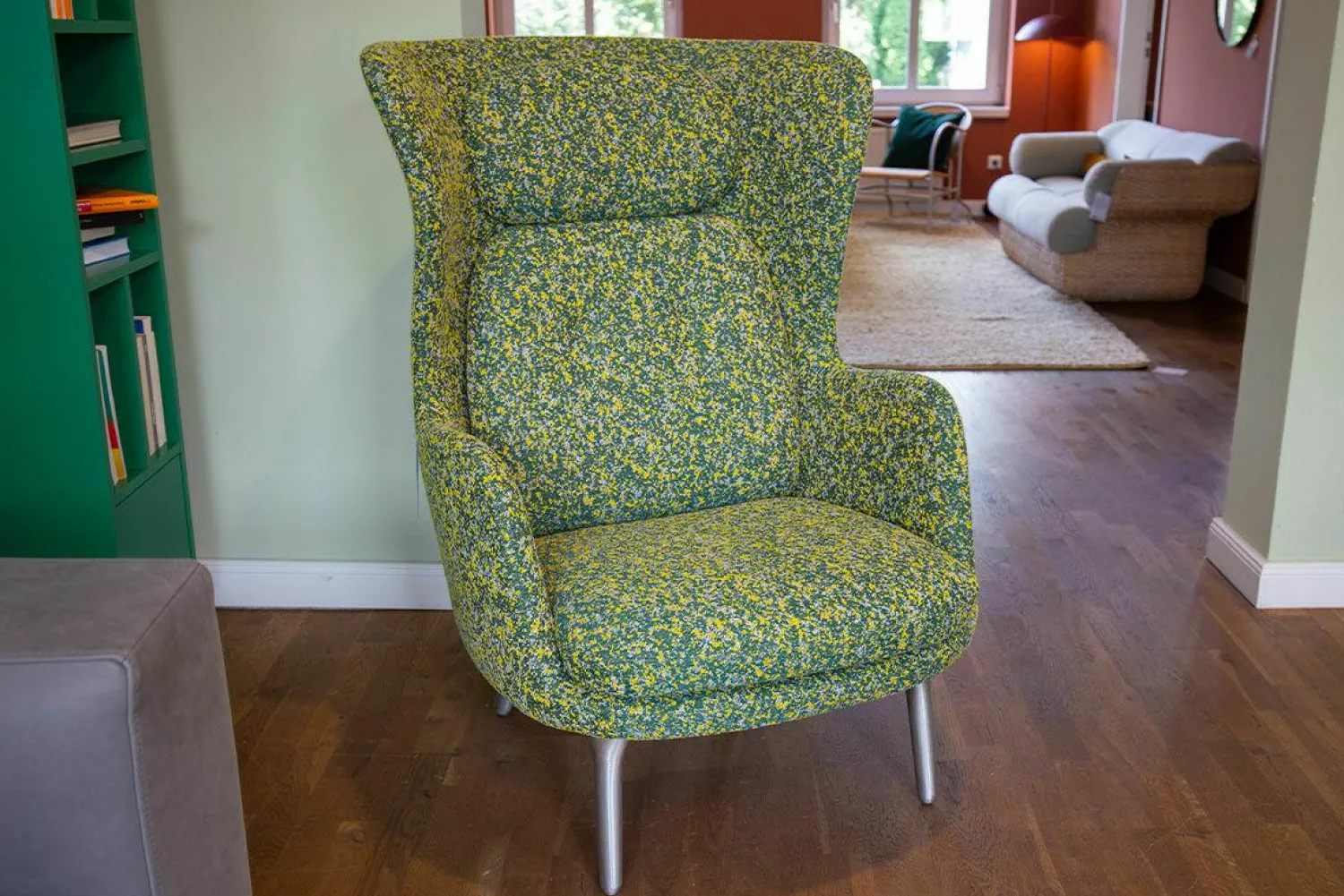 Fritz Hansen Relaxsessel|Sessel Ro JH1 Stoff Grün Gelb ATO964 Füße Aluminium Satingebürstet