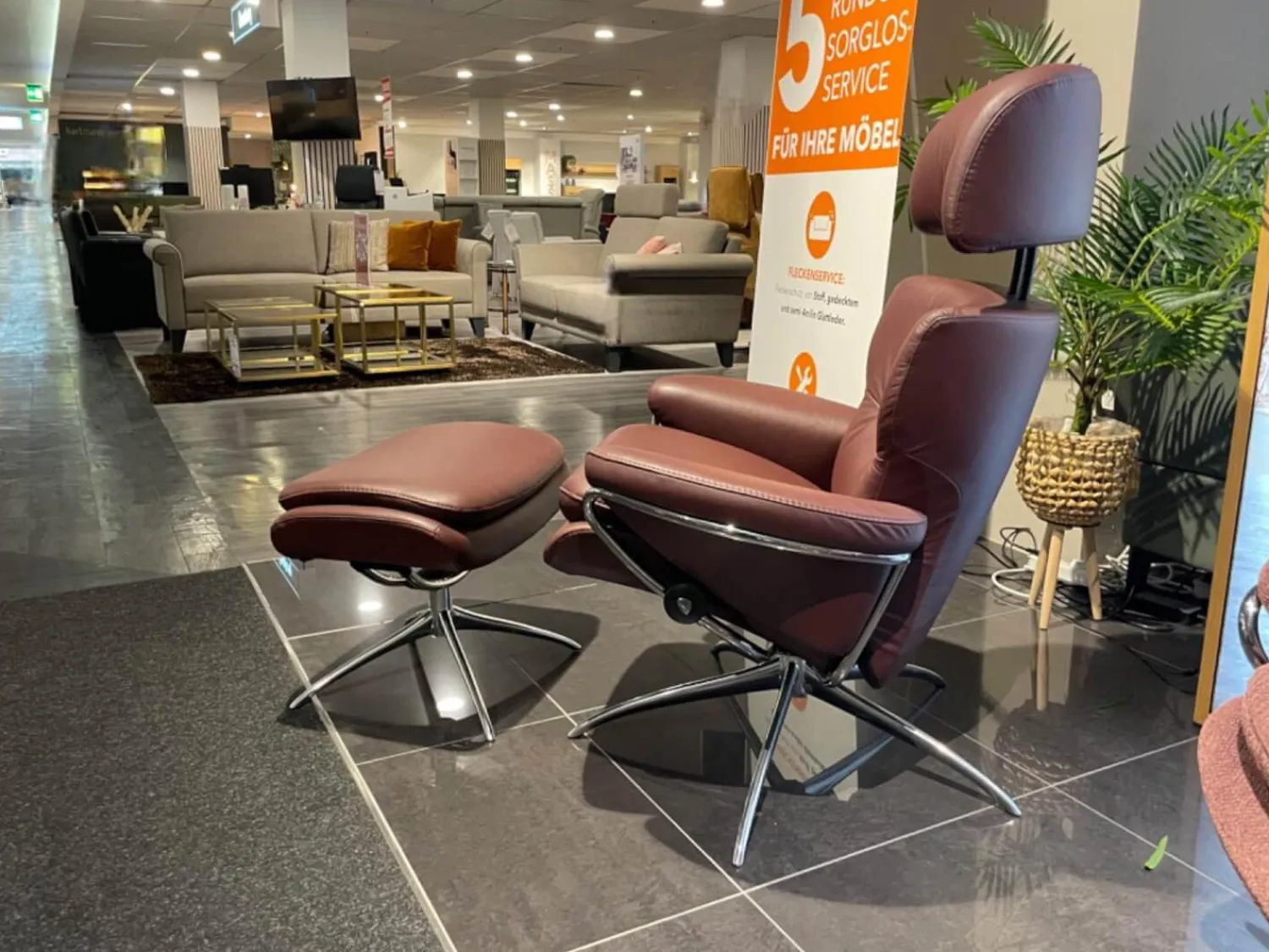 Stressless Relaxsessel|Sessel Rome M Leder Paloma 54 Bordeaux Rot Braun Gestell Star 40 Aluminium Mit Hocker