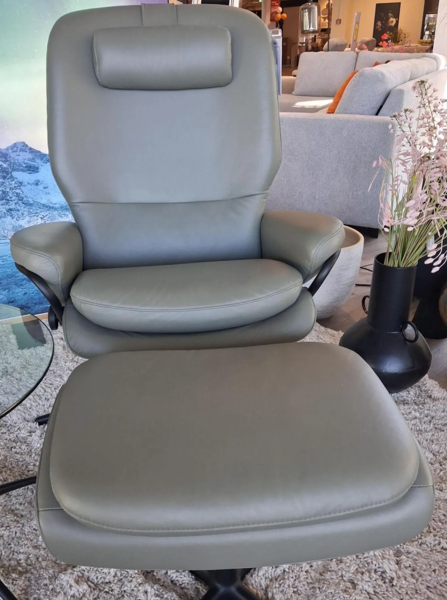 Stressless Relaxsessel|Sessel Rome M Leder Paloma Shadow Green Grün Grau Gestell Cross Schwarz Matt Mit Hocker