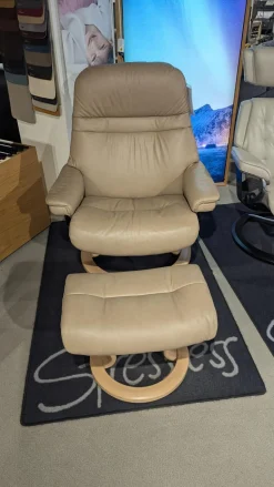 Stressless Relaxsessel|Sessel Sunrise L Leder Paloma Sand Beige Gestell Classic Eiche Natur Mit Hocker