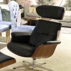 Conform Loungesessel|Sessel Time Out 6003 Leder 2514 89 Fantasy Black Schwarz Sitzschale Walnuss Fuß Aluminium Mit Hocker