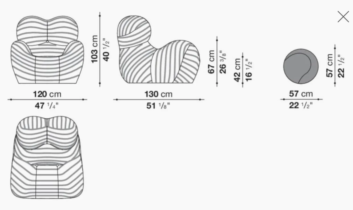 B&B Italia Relaxsessel|Sessel UP 50 Stoff Jersey Soara Gestreift Beige Petrolblau Metallbasis Unterseite Kernleder Mit Hocker