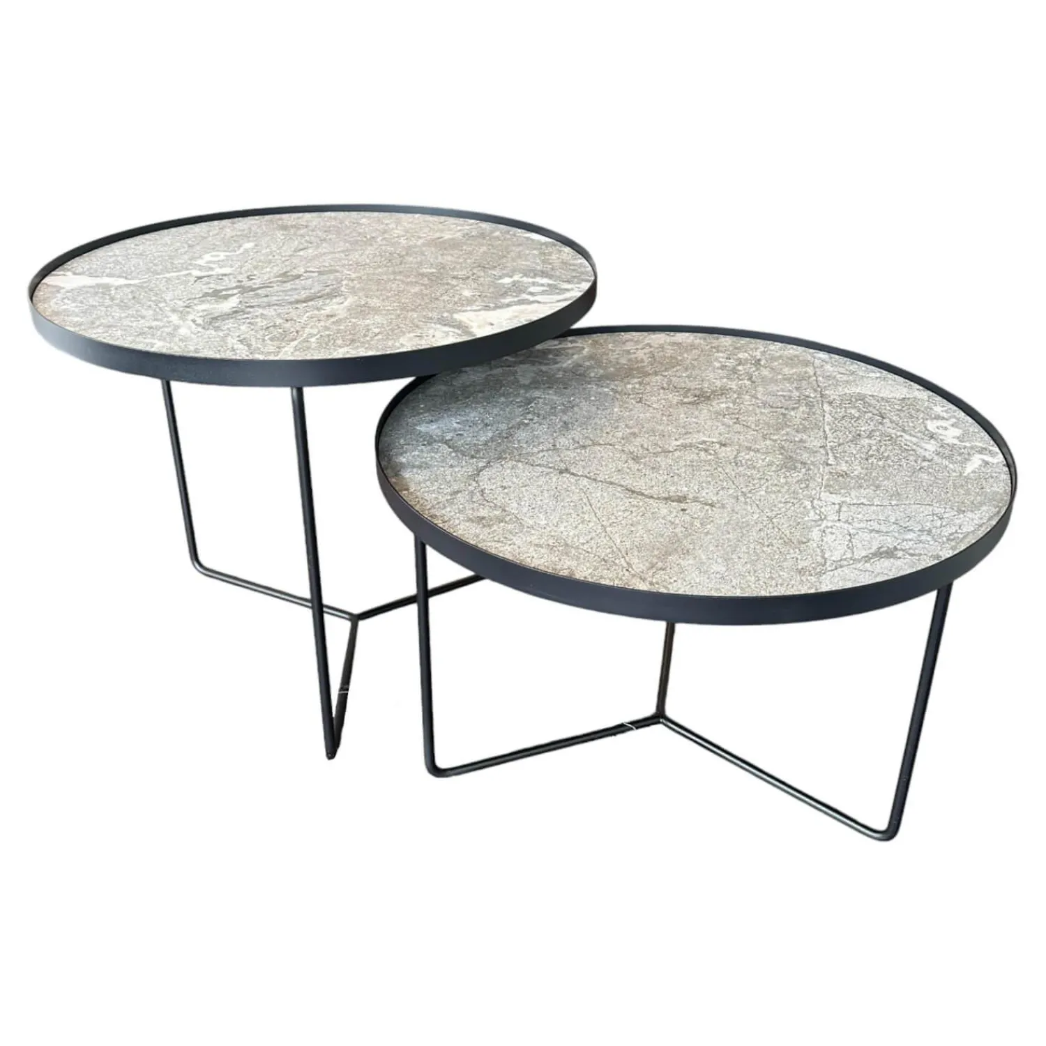 Cattelan Italia Couchtische|Set Couchtisch Billy Platte Keramik Marmi KM13 Areal Grau Stahlgestell Schwarz Gaufriert