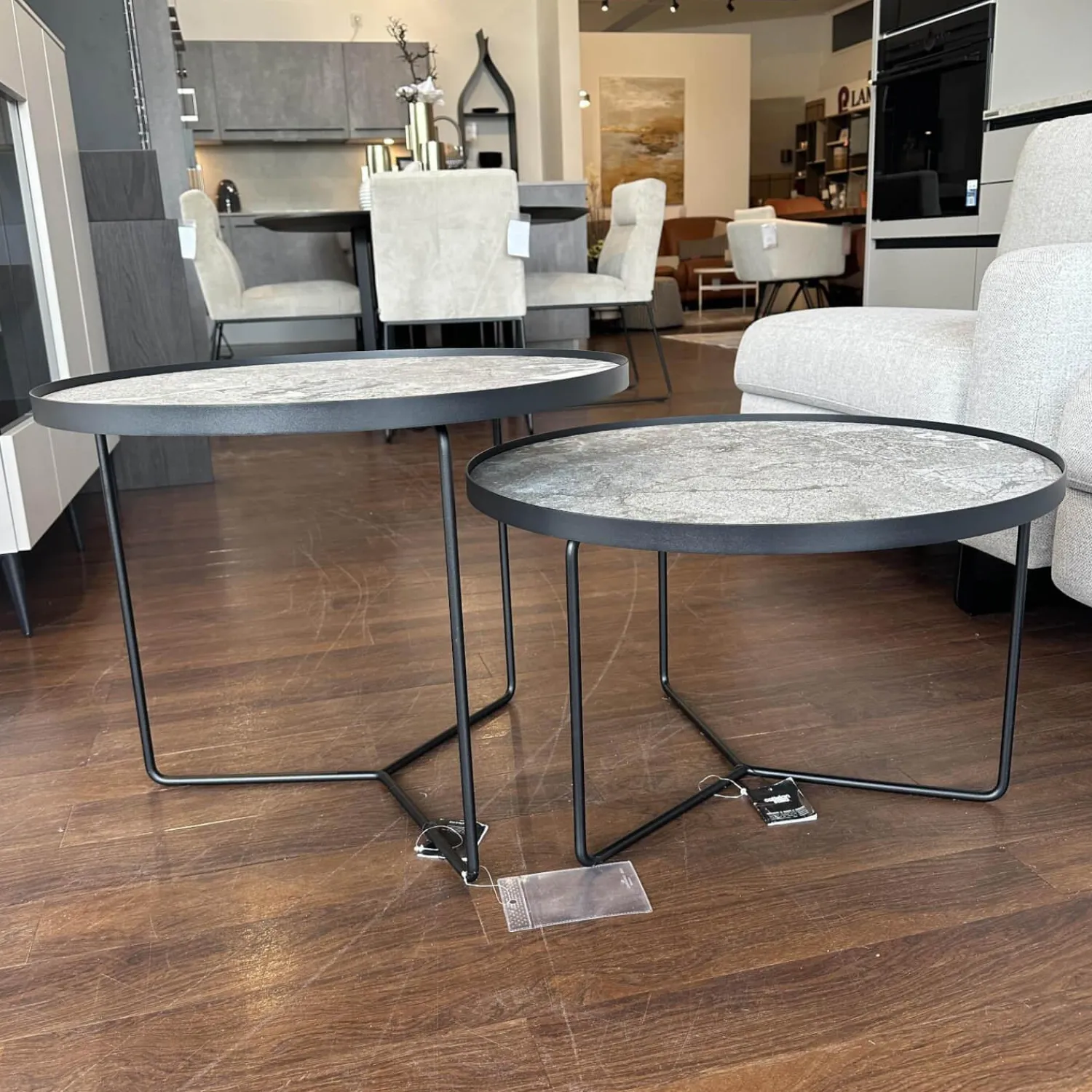 Cattelan Italia Couchtische|Set Couchtisch Billy Platte Keramik Marmi KM13 Areal Grau Stahlgestell Schwarz Gaufriert