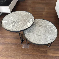 Cattelan Italia Couchtische|Set Couchtisch Billy Platte Keramik Marmi KM13 Areal Grau Stahlgestell Schwarz Gaufriert