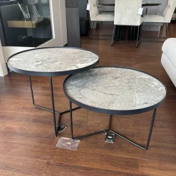 Cattelan Italia Couchtische|Set Couchtisch Billy Platte Keramik Marmi KM13 Areal Grau Stahlgestell Schwarz Gaufriert