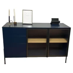 Novamobili Kommoden & Sideboards|Sideboard Belt 1350 353 Blu Notte Matt Dunkellau Glas Gerippt Füße Brüniert Oxidiert Inklusive Beleuchtung