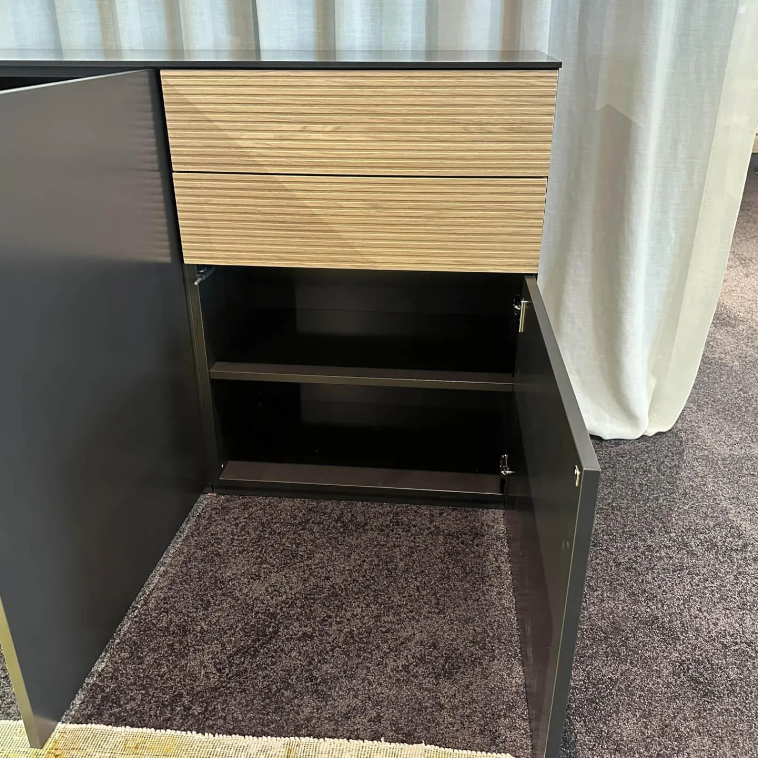 Sudbrock Kommoden & Sideboards|Sideboard Cubo Lack Onygrau Schublade Wildeiche Mit Pushpull Front Rillenoptik