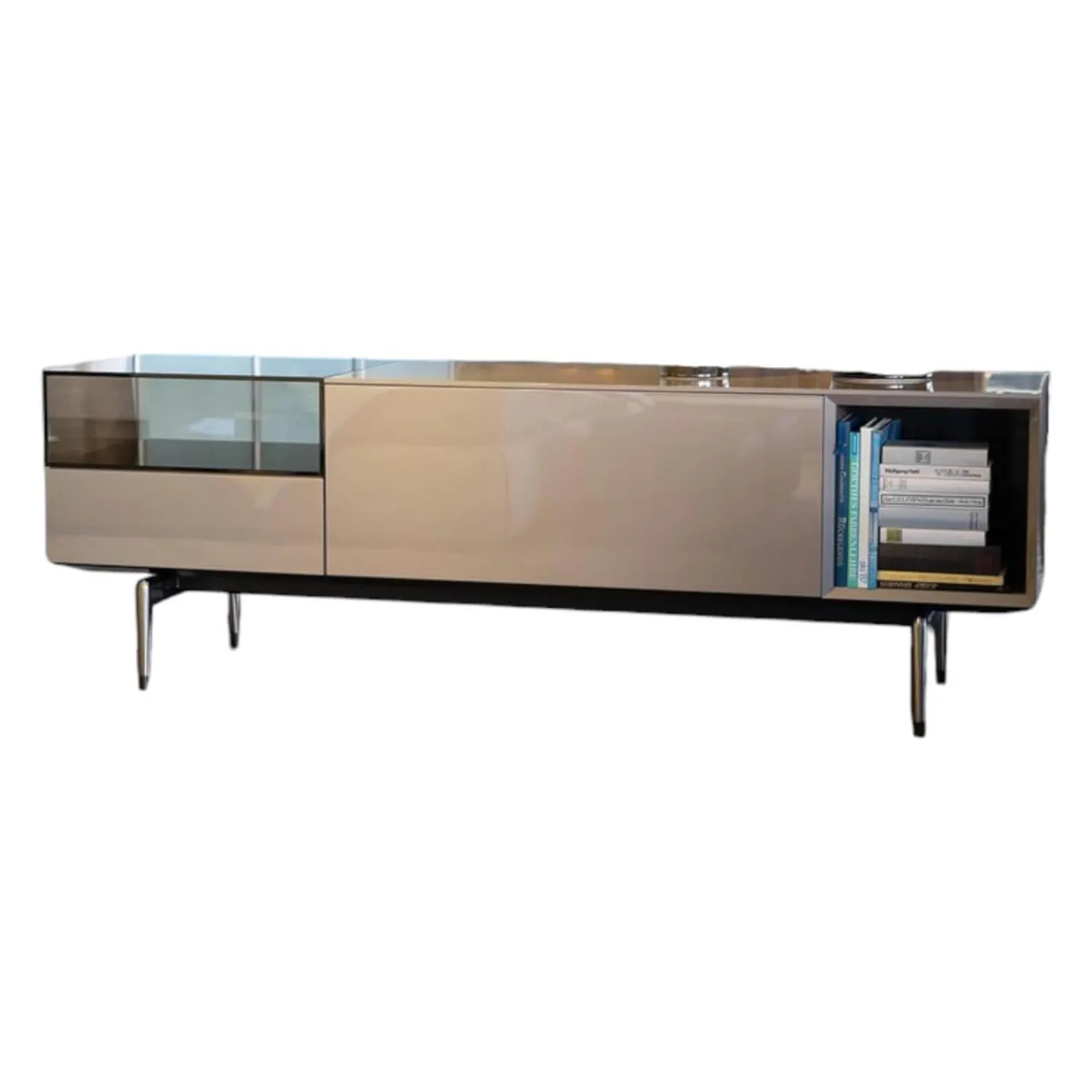 Flexform Kommoden & Sideboards|Sideboard Jeremy Hockglanz Taubengrau Grau Braun Lackiert Gestell Metall Epoxidpulver Beschichtet Und Gebrannt Füße Aluminiumdruckguss Satiniert