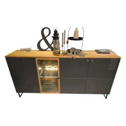 Niehoff Kommoden & Sideboards|Sideboard Lugano Front Und Korpus 096 Lack Quarzgrau Grau Oberboden Eiche Massiv Gestell Eisen Schwarz Mit Beleuchtung