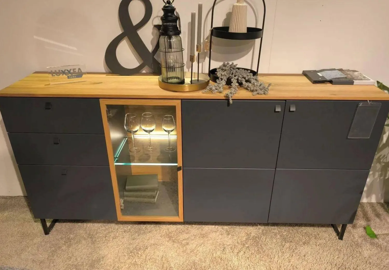 Niehoff Kommoden & Sideboards|Sideboard Lugano Front Und Korpus 096 Lack Quarzgrau Grau Oberboden Eiche Massiv Gestell Eisen Schwarz Mit Beleuchtung