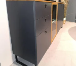 Niehoff Kommoden & Sideboards|Sideboard Lugano Front Und Korpus 096 Lack Quarzgrau Grau Oberboden Eiche Massiv Gestell Eisen Schwarz Mit Beleuchtung