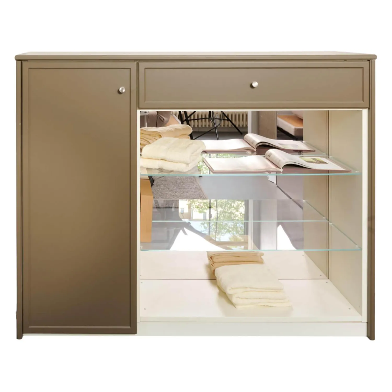 Cabinet Kommoden & Sideboards|Sideboard Pinato Mattlack Braun RAL Pianto Knoptgriffe Alusilber Glasböden