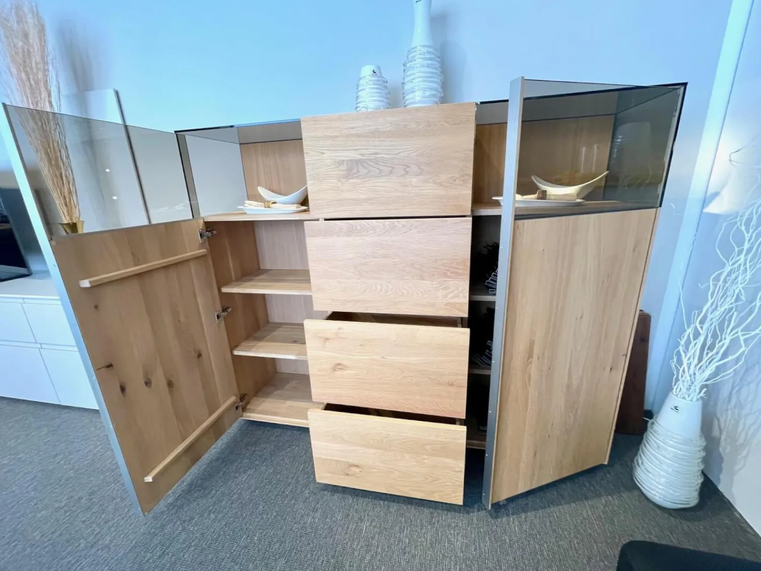 Wimmer Kommoden & Sideboards|Sideboard Saluto Asteiche Bianco Geölt Glaselemente Braunglas Inklusive LED Beleuchtung