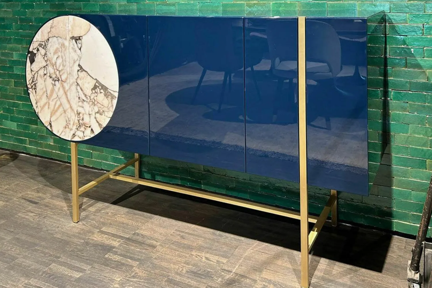 Baxter Kommoden & Sideboards|Sideboard Selene Mobile Hochglanzlack Laccature Dunkelblau Einsatz Marmor