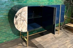 Baxter Kommoden & Sideboards|Sideboard Selene Mobile Hochglanzlack Laccature Dunkelblau Einsatz Marmor