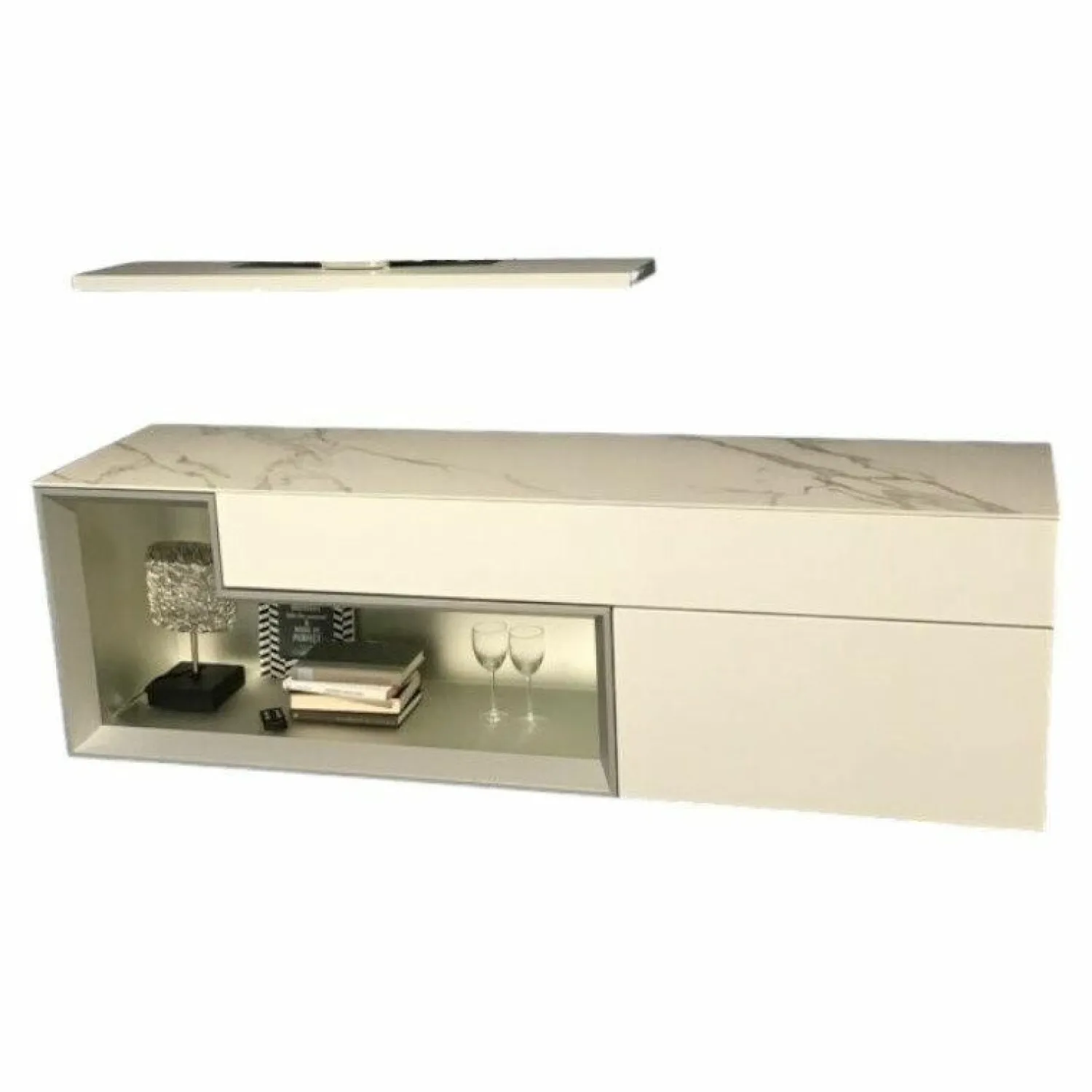 Hülsta Kommoden & Sideboards|Sideboard Tetrim 981003 Lack Weiß Abdeckplatte Keramik Calacatta Weiß Mit Wandboard Und Beleuchtung