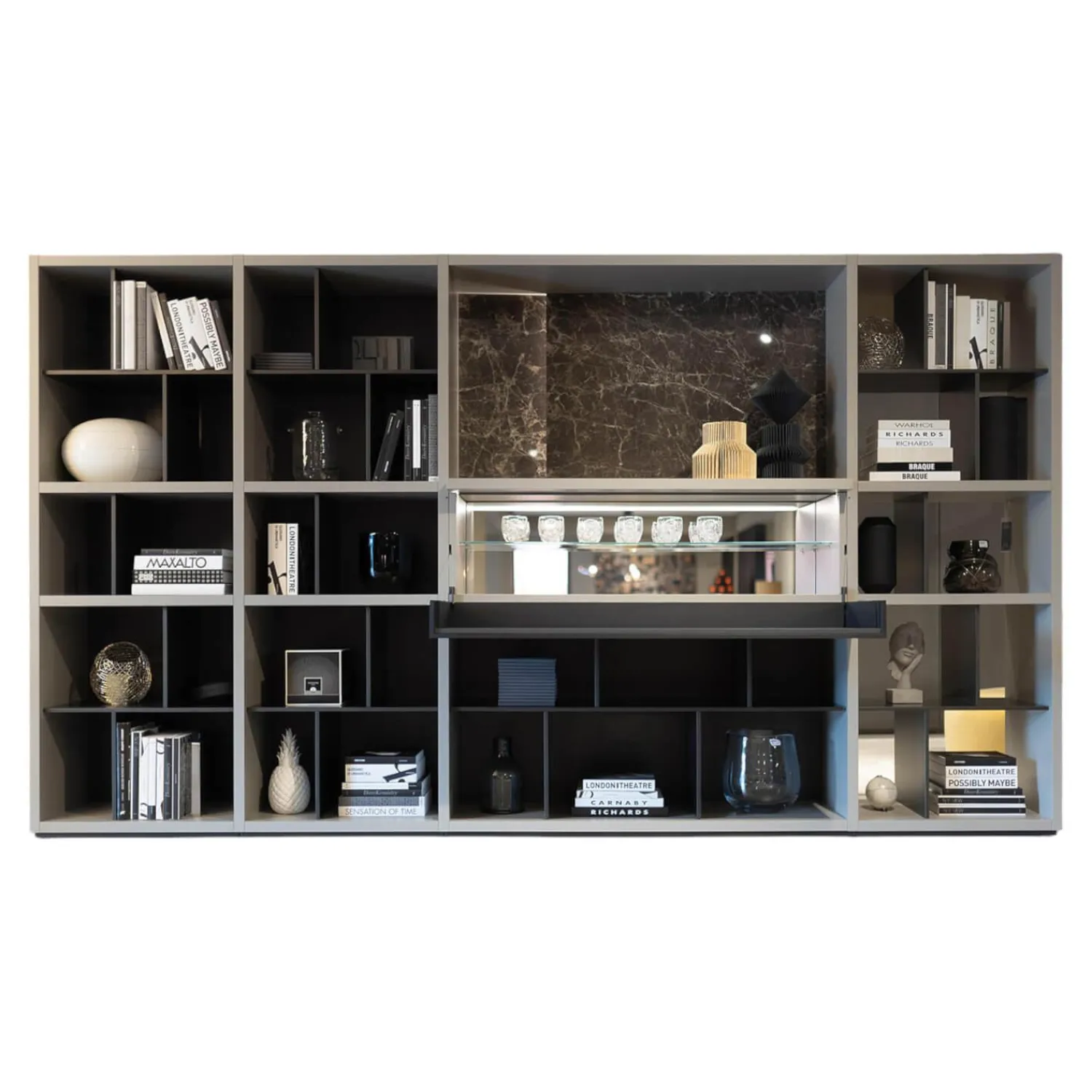 Poliform Wohnwände & Tv-Lowboards|Sideboard Wall System Korpus Lack Matt Arena Grau Rückwand Und Gittereinsätze Metallisch Lackiert Bronze