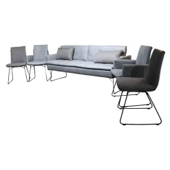 WK Wohnen Stuhlsets|Sitzgruppe Bezug Echtleder Z6927 Blue Blau Und Stoff O7226 Dove Blue Grau Gestell Schwarz