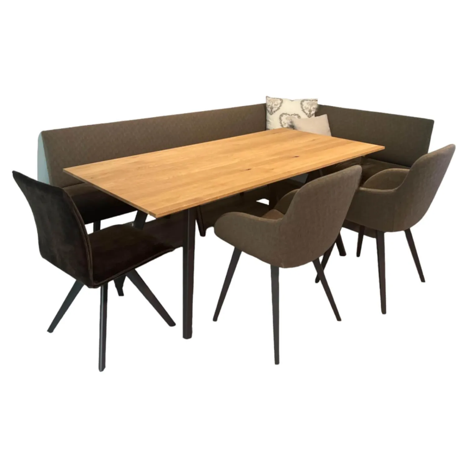 Anrei Stuhlsets|Sitzgruppe Uno Bank Stoff Sitz Q283 Anthrazit Rücken Q273 Grau Stuhl 812 Stoff Q283 Anthrazit Und Armlehnstühlen 138 Stoff Q273 Grau Gestell Buche Zartbitter mit Tisch Uno mit Ansteckplatte 180/235 x 90 cm, H 76 cm Ohne Kissen