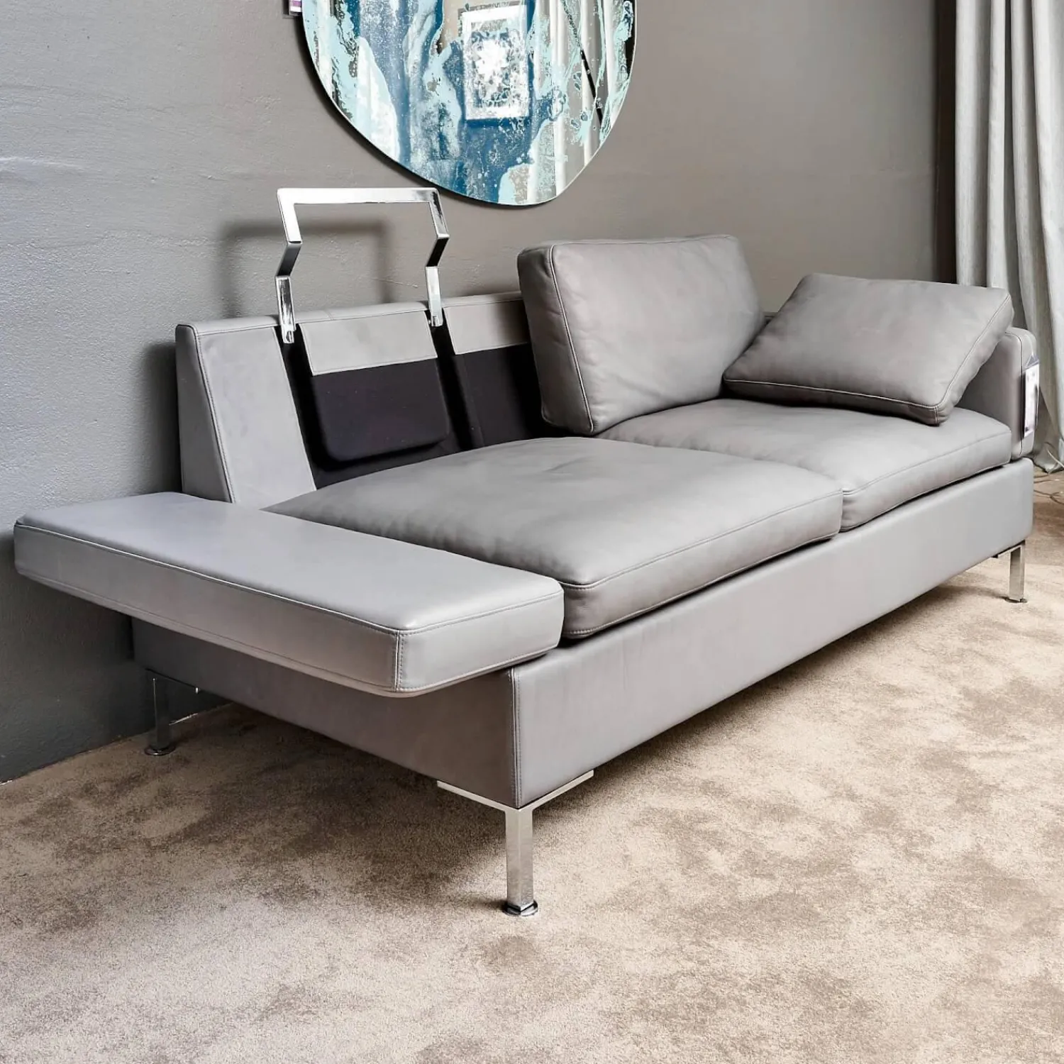Brühl 2-Sitzer-Sofas|Sofa Alba System M Leder 5707 Pearl 0095 Grau Winkelfuß Verchromt Mit Kopfstütze