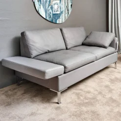 Brühl 2-Sitzer-Sofas|Sofa Alba System M Leder 5707 Pearl 0095 Grau Winkelfuß Verchromt Mit Kopfstütze