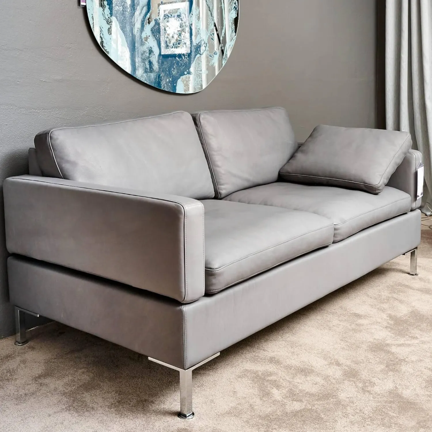 Brühl 2-Sitzer-Sofas|Sofa Alba System M Leder 5707 Pearl 0095 Grau Winkelfuß Verchromt Mit Kopfstütze