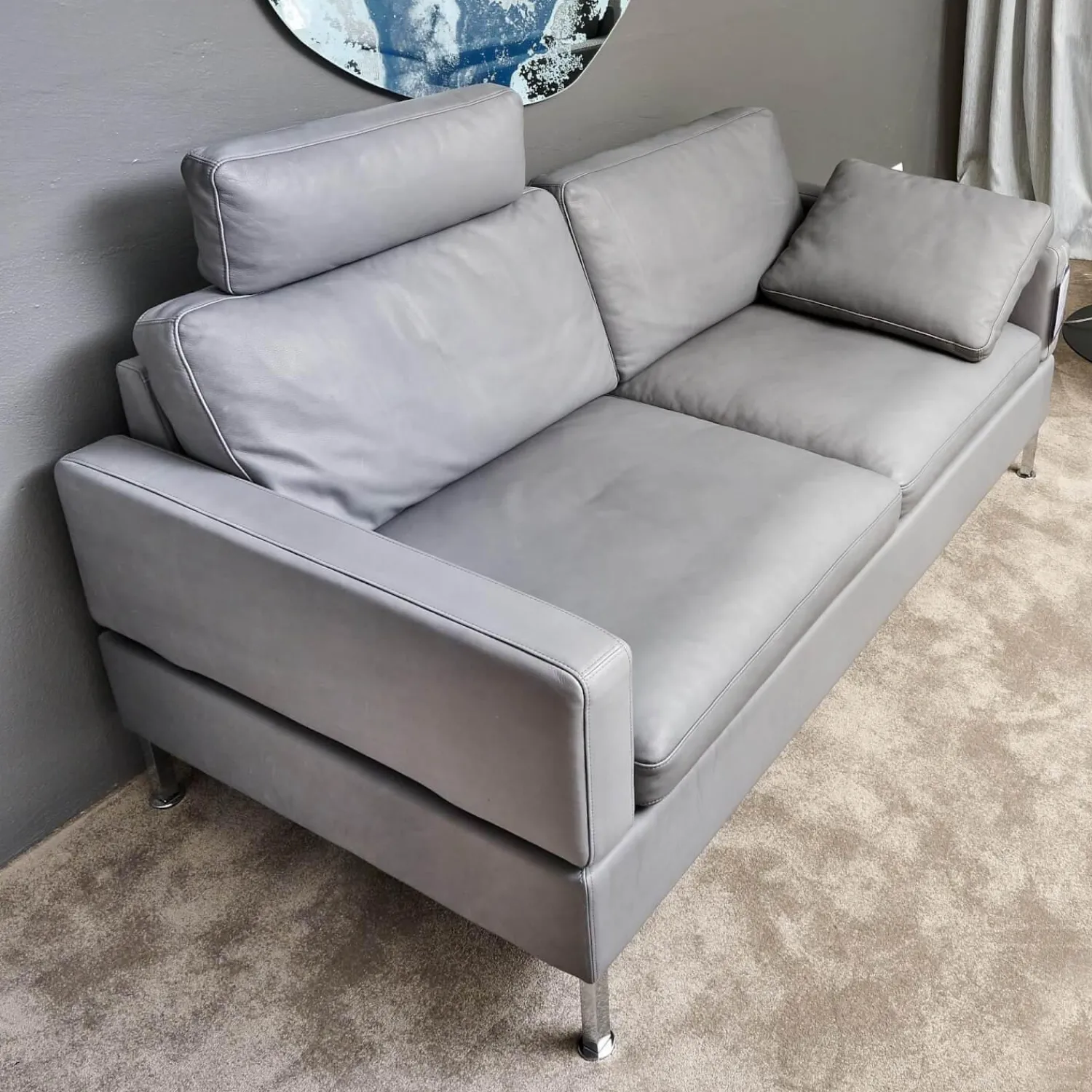 Brühl 2-Sitzer-Sofas|Sofa Alba System M Leder 5707 Pearl 0095 Grau Winkelfuß Verchromt Mit Kopfstütze