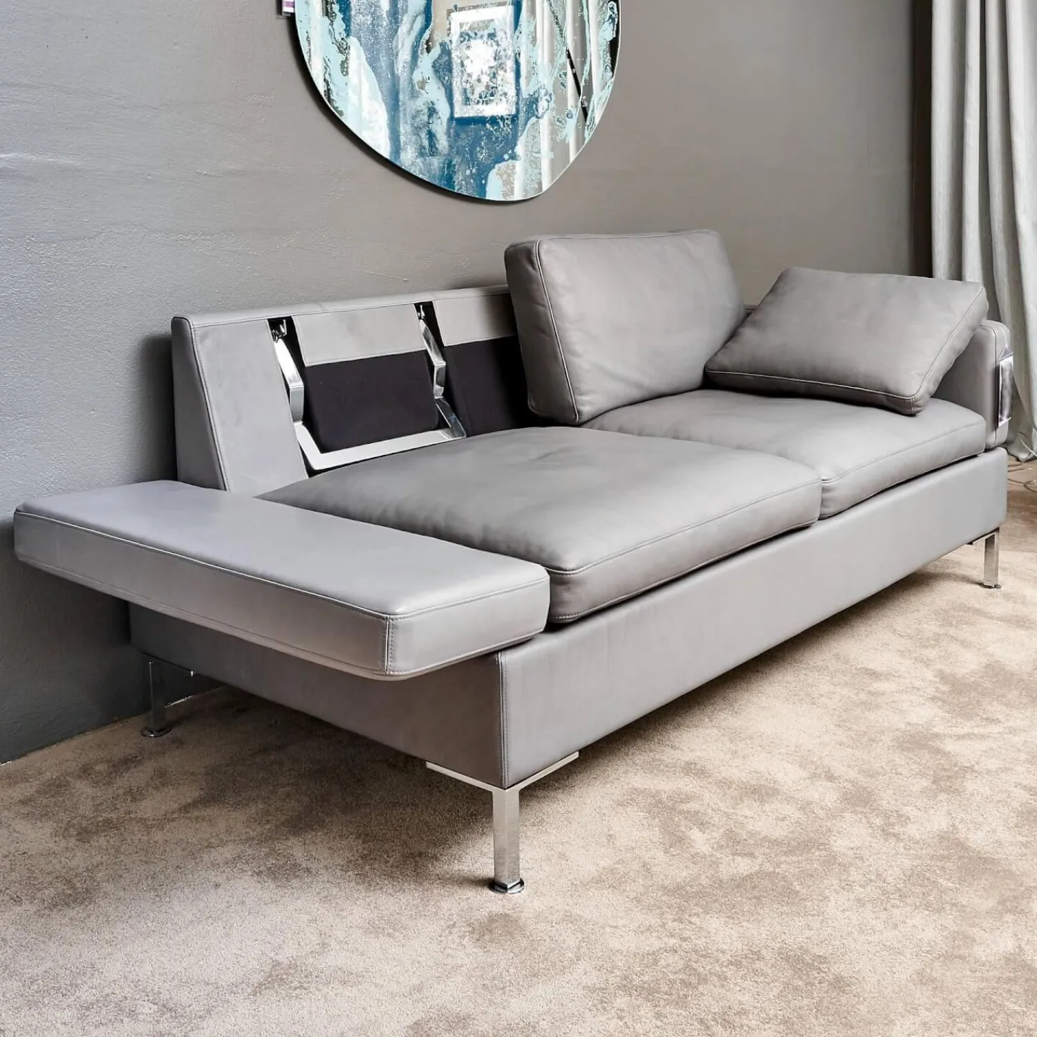 Brühl 2-Sitzer-Sofas|Sofa Alba System M Leder 5707 Pearl 0095 Grau Winkelfuß Verchromt Mit Kopfstütze