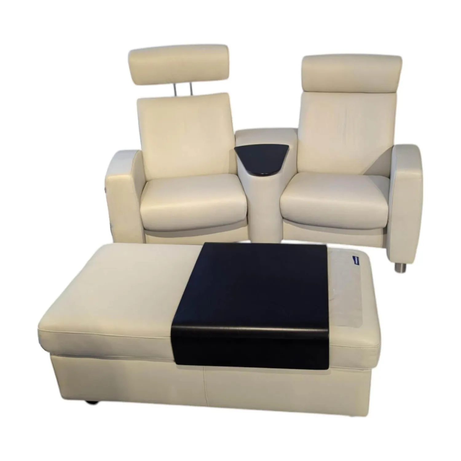 Stressless 2-Sitzer-Sofas|Sofa Arion Leder Paloma Light Grey Grau Stahlfuß 001 Edelstahl Poliert Holzteile Wenge Kopfstütze Höhenverstellbar Inklusive Hocker Mit Tischablage