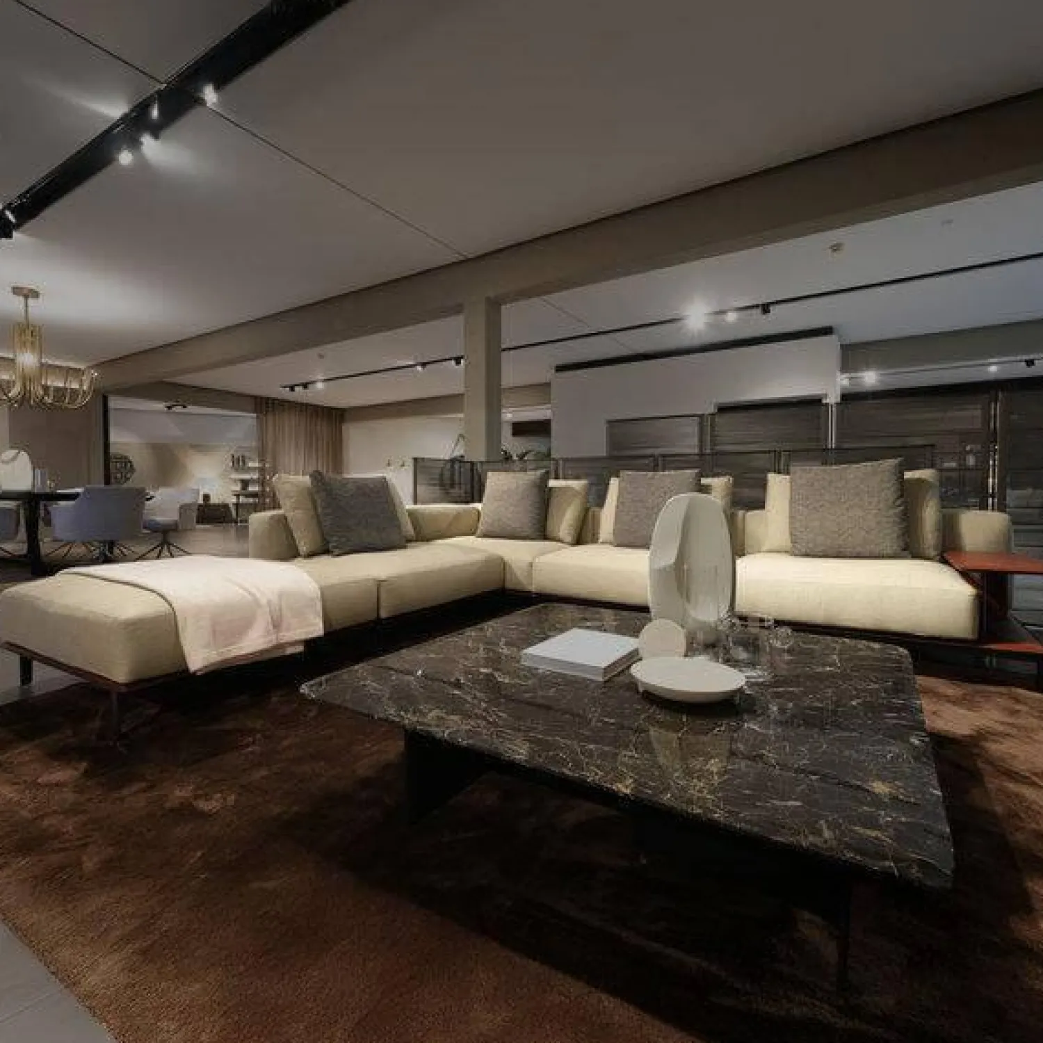 Poliform Wohnlandschaften|Sofa Brera Stoff Kiala Champagne Beige Kernleder Castagna Braun Basis Nickel Matt Brown Braun Mit Kissen