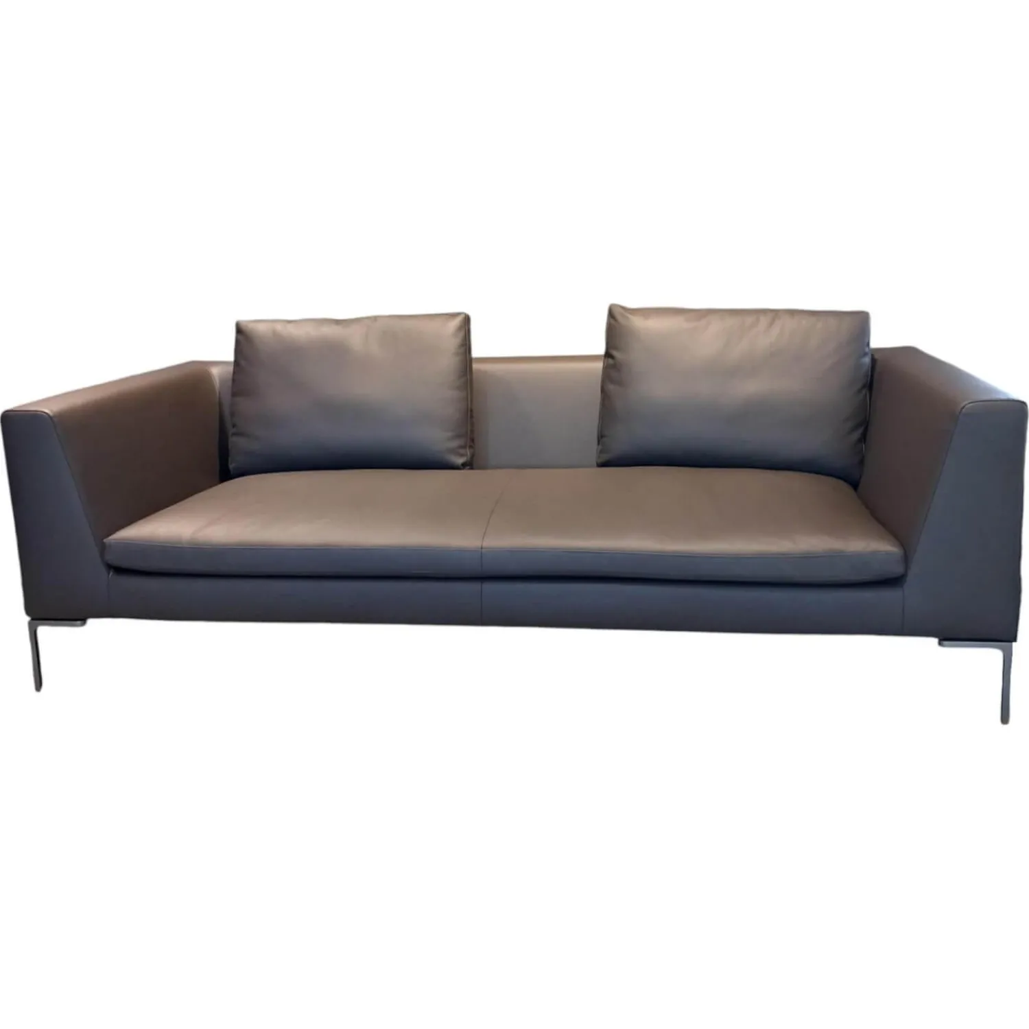 B&B Italia 2-Sitzer-Sofas|Sofa Charles Leder Gamma Schiefer Braun Grau Füße Nickel Bronzefarben Lackiert Inklusive 2 Rückenkissen