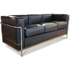 Cassina 3-Sitzer-Sofas|Sofa LC2 Dreisitzer Leder Scozia 13X606 Grafite Schwarz Gestell Verchromt