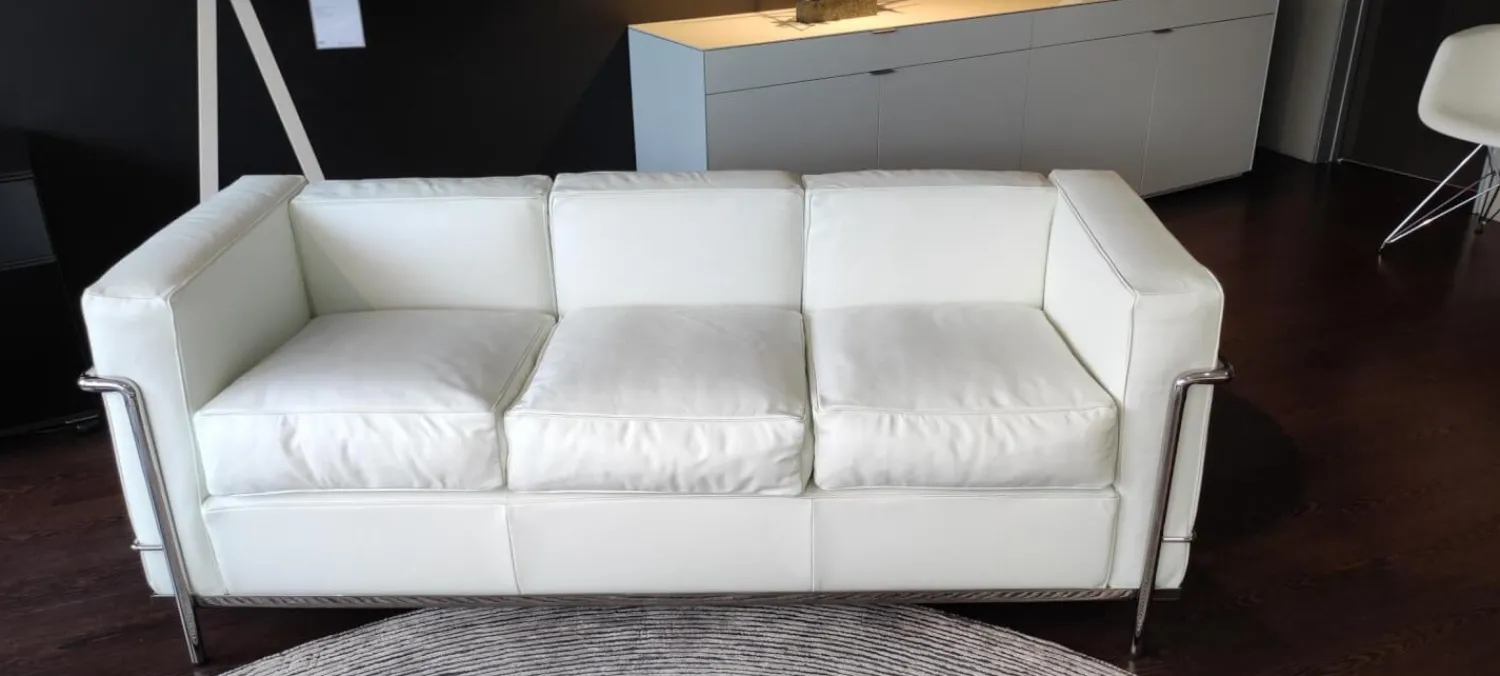 Cassina 3-Sitzer-Sofas|Sofa LC2 3-Sitzig Leder LCX Weiß Gestell Verchromt