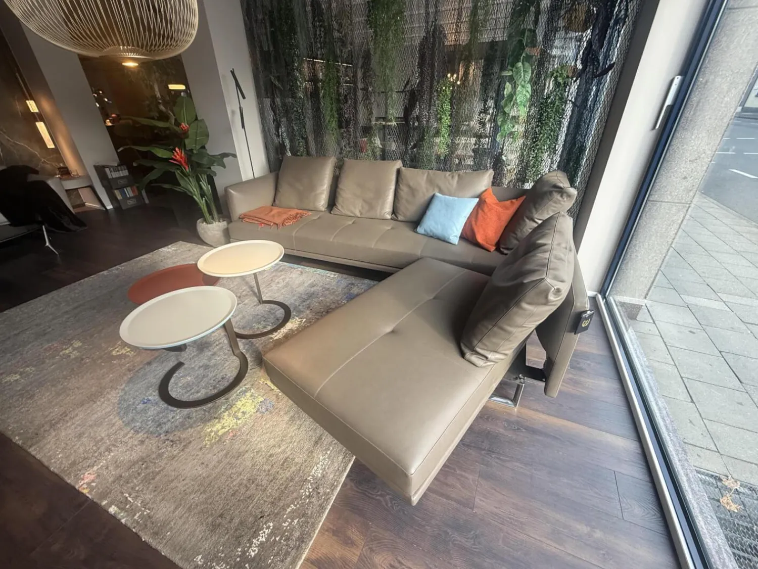 Walter Knoll Ecksofas|Sofa Prime Time Leder Elen Khaki Grün Braun Füße Poliert Mit Schwenkfunktion Und Kissen