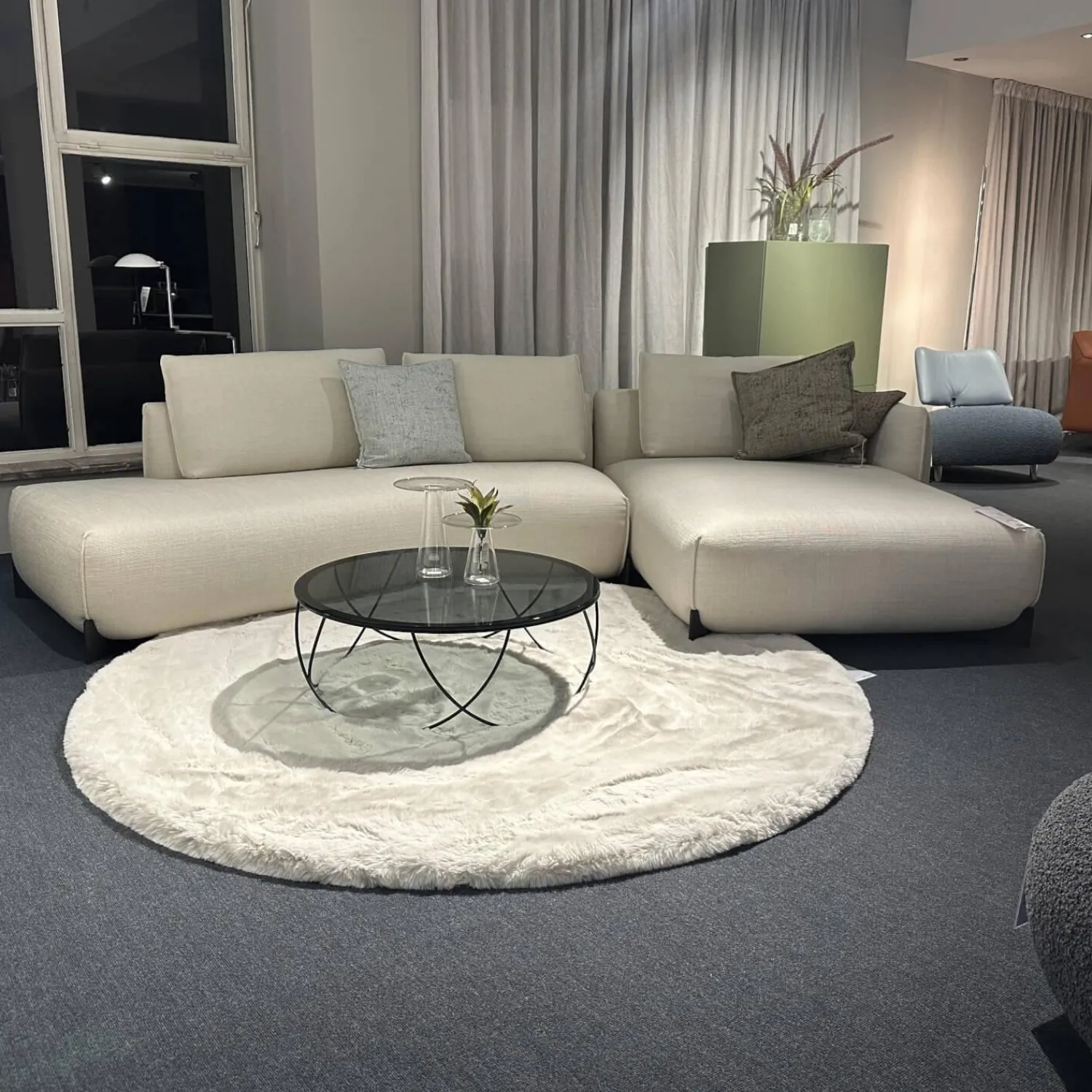 Leolux Ecksofas|Sofakombination Naila Stoff Essential 26 Egret Beige Fuß Eiche Night Matt