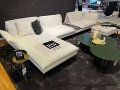 Bielefelder Werkstätten Wohnlandschaften|Sofalandschaft Heaven Stoff Queen 171 Wollweiß Weiß Metallfuß Rund Matt Schwarz Auflagetischplatte Quarzit Dunkel Mit Hocker