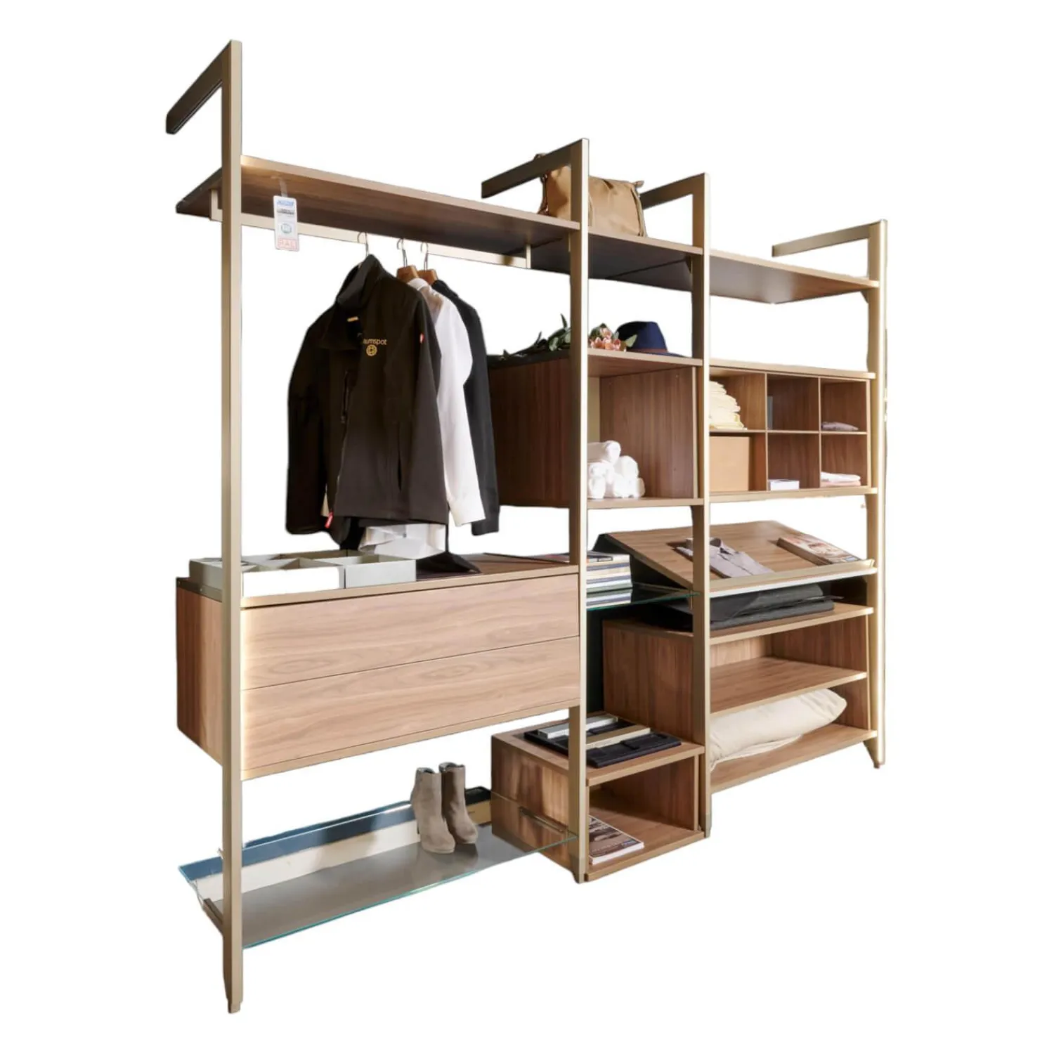 Cabinet Regale|Stangensystem Atrio Alu Goldfarbig Holzdekor Wallnuss